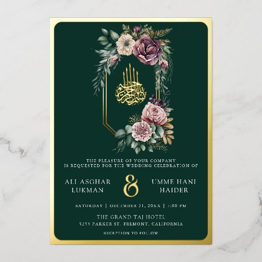Lila florales Wappen Emerald Muslim Wedding Gold Folieneinladung (Vorderseite)