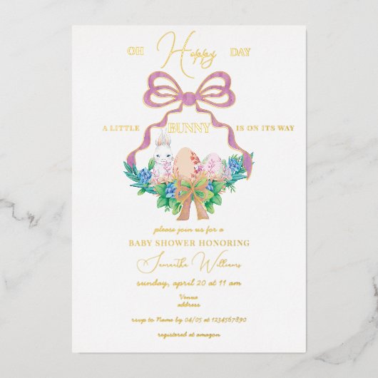 Lila florales Wappen Osterfest Kinderdusche Folieneinladung (Vorderseite)