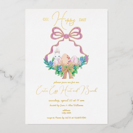 Lila florales Wappen Osterkorb Ei Hunt Brunch Folieneinladung (Vorderseite)