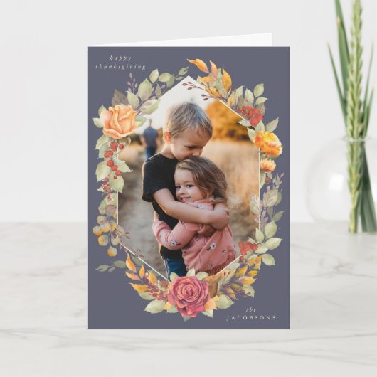 Lila Florals Erntedank Foto Karte (Vorderseite)