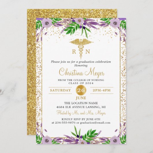 Lila Florentiner RN Nursing School Graduation Part Einladung (Vorne/Hinten)