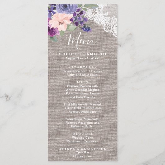 Lila Flowers und Lace Dinner Menu Card Menükarte (Vorderseite)