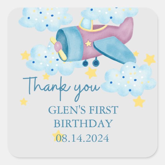 Lila Flugzeug nach oben und weg Vielen Dank Quadratischer Aufkleber (Vorderseite)