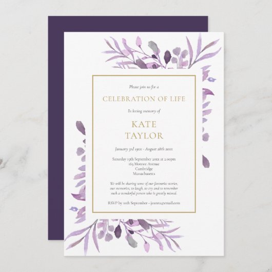 Lila Foliage Gold Feier zur Lebensbeerdigung Einladung (Vorne/Hinten)