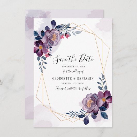 Lila Foliage-Hochzeit Save The Date (Vorne/Hinten)
