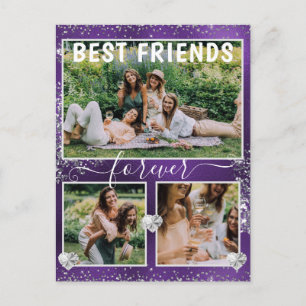 Lila Folie & Silber Glitter 3 Foto beste Freunde Postkarte
