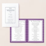 Lila Folie Vintag Damask WEDPROGRAMM Folienkarte<br><div class="desc">Silver und Lila Foil Vintag Damask Hochzeitskalender Typografie Hochzeitsorden Dienst. Dieses Silver Foil Wedding Programm ist elegant und hat eine leicht zu vervollständigen Vorlage für Ihren Komfort.</div>