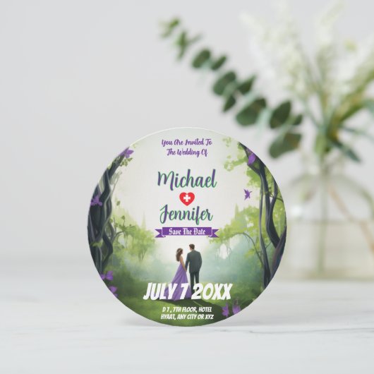 Lila Forest Wedding Custom Foto Save the Date (Stehend Vorderseite)