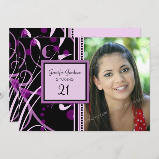 Lila Foto 21. Geburtstag Party Einladungen (Vorne/Hinten)