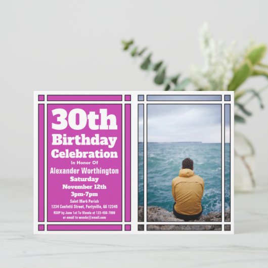 Lila Foto 30. Geburtstag Party Einladung (Stehend Vorderseite)