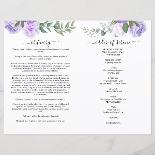 Lila Foto-Beerdigungsprogramm (Rückseite)