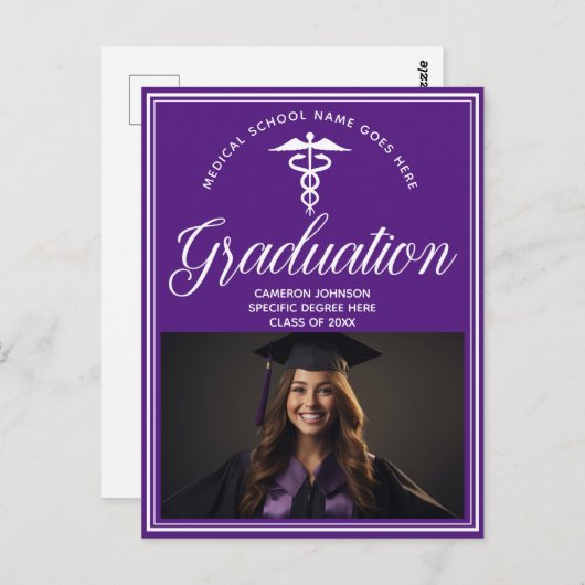 Lila Foto-Graduationspartei der Weißen Medizin Postkarte (Vorne/Hinten)
