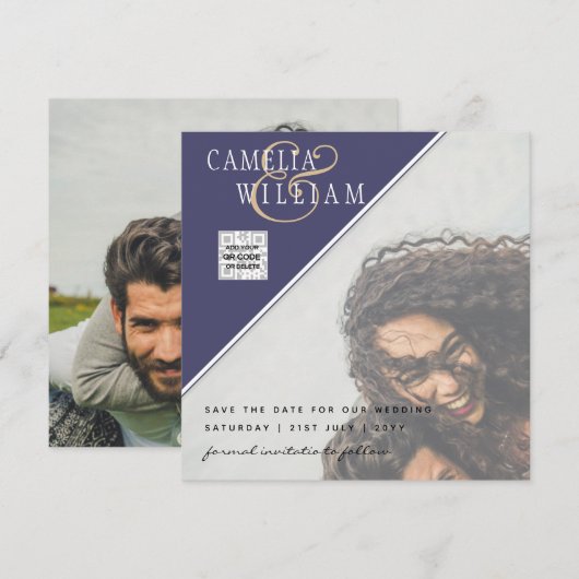 Lila FOTO Hochzeit Einladung QR CODE UAWG Blue (Vorne/Hinten)