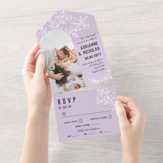 Lila Foto-Hochzeit von blühenden Branchen All In One Einladung (Abreißen)