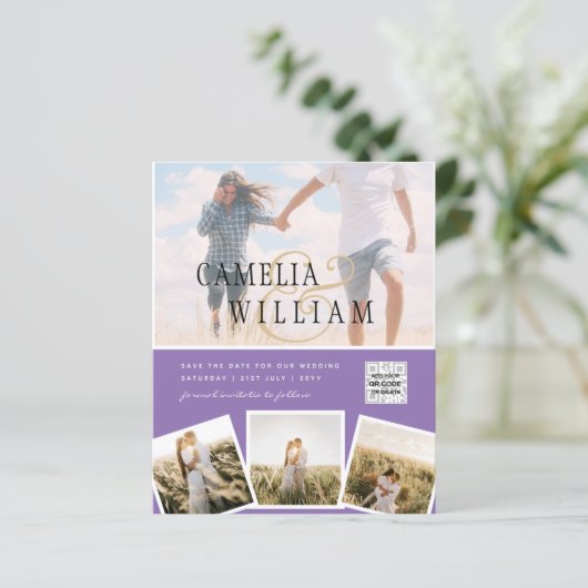 Lila Foto Hochzeitsstichtag QR-Code Rett (Stehend Vorderseite)