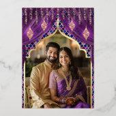 Lila Foto Indische Hochzeit Folieneinladung (Rückseite)