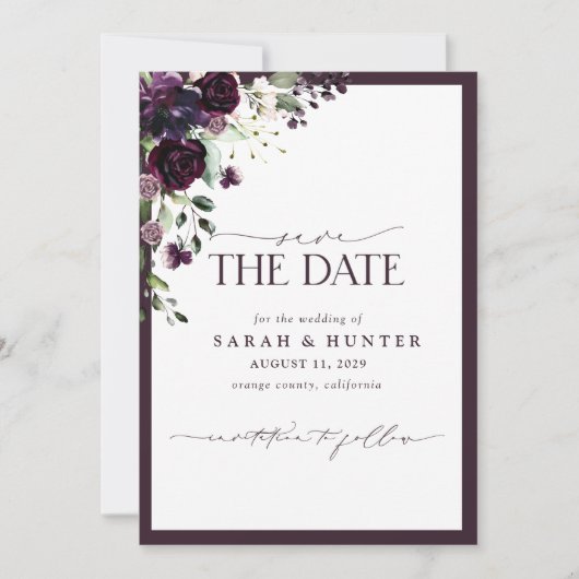 Lila Foto mit Blumenschrift speichern das Datum Save The Date (Vorderseite)