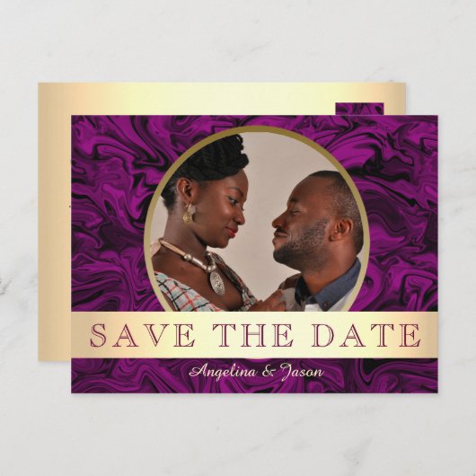 Lila Foto Save the Date Ankündigungspostkarte (Vorne/Hinten)