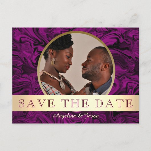 Lila Foto Save the Date Ankündigungspostkarte (Vorderseite)