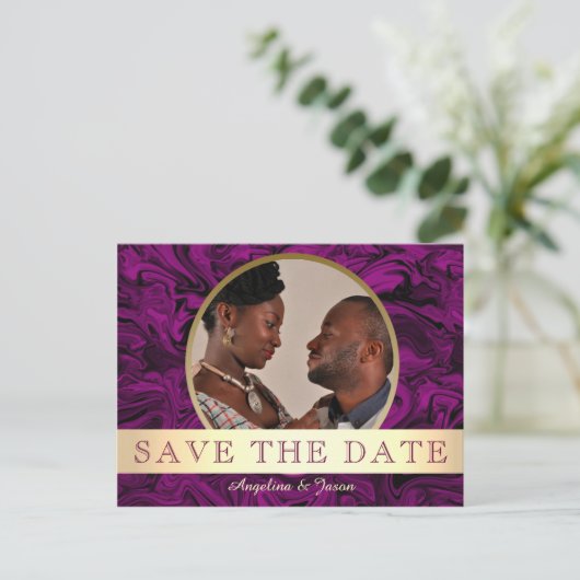 Lila Foto Save the Date Ankündigungspostkarte (Stehend Vorderseite)