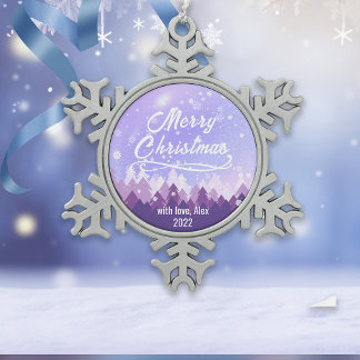 Lila Friedlicher Schneewald Frohe Weihnachten Schneeflocken Zinn-Ornament