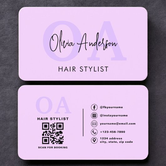 Lila Friseur-Monogramm-QR-Code Visitenkarte
