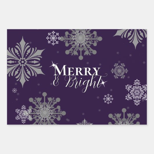 Lila fröhliche und helle Schneeflocken Weihnachten Geschenkpapier Set (Vorderseite)