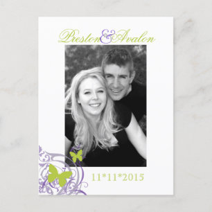 Lila Frühjahrsschmetterling Save the Date Postkart Ankündigungspostkarte