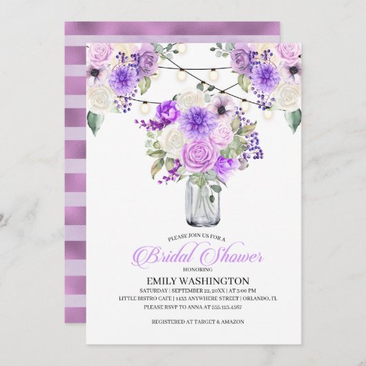 Lila Frühling Blumenvase Bridal Dusche Einladung (Vorne/Hinten)