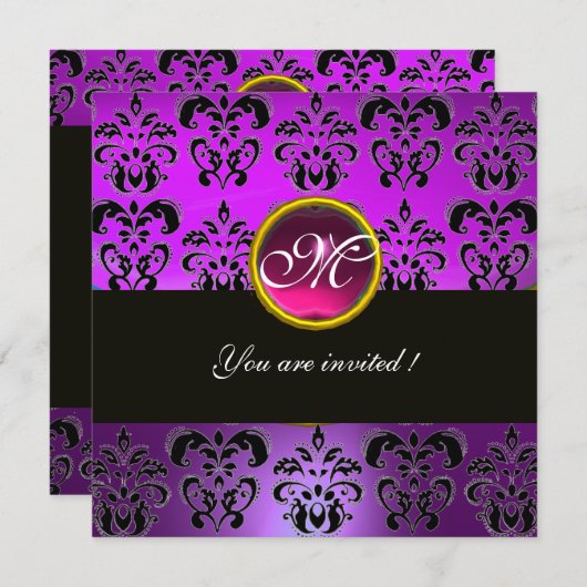 LILA FUCHSIA SCHWARZE DAMASK-MONOGRAM, rosa Amethy Einladung (Vorne/Hinten)