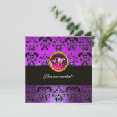 LILA FUCHSIA SCHWARZE DAMASK-MONOGRAM, rosa Amethy Einladung (Stehend Vorderseite)