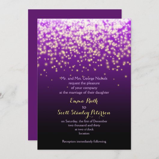 Lila Funkellichter in der Himmelshochzeit Einladung (Vorne/Hinten)