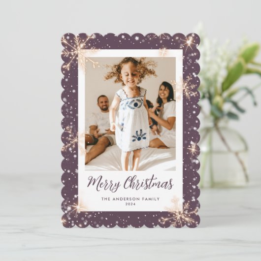 Lila Funkelnd Schneeflocken Foto Frohe Weihnachten (Stehend Vorderseite)