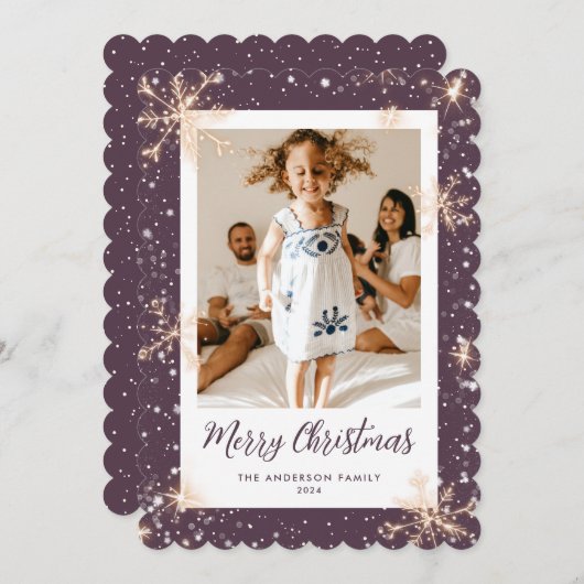 Lila Funkelnd Schneeflocken Foto Frohe Weihnachten (Vorne/Hinten)