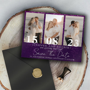 Lila funkelnde Fotocollage Save the Date Karte