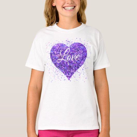 Lila funkelndes Herz, Liebe Glitzer Valentine T-Shirt (Vorderseite)