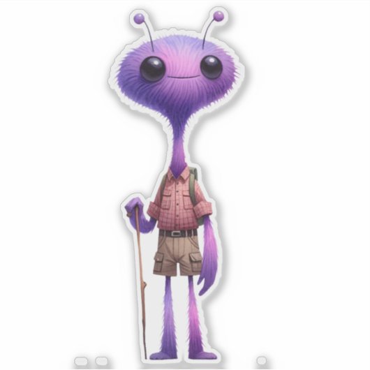Lila Fuzzy Alien Hiker Sticker (Vorderseite)