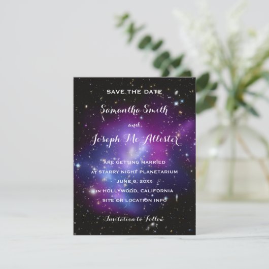 Lila Galaxie-Cluster Save the Date (Stehend Vorderseite)