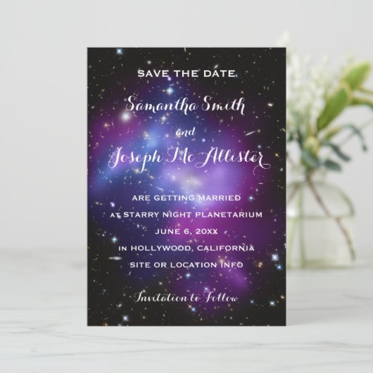 Lila Galaxie-Cluster Save the Date (Stehend Vorderseite)