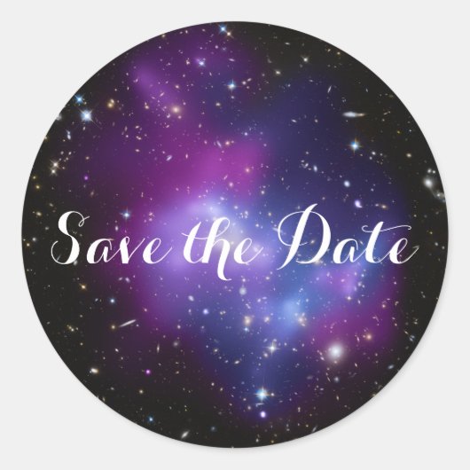 Lila Galaxie-Cluster Save the Date Runder Aufkleber (Vorderseite)