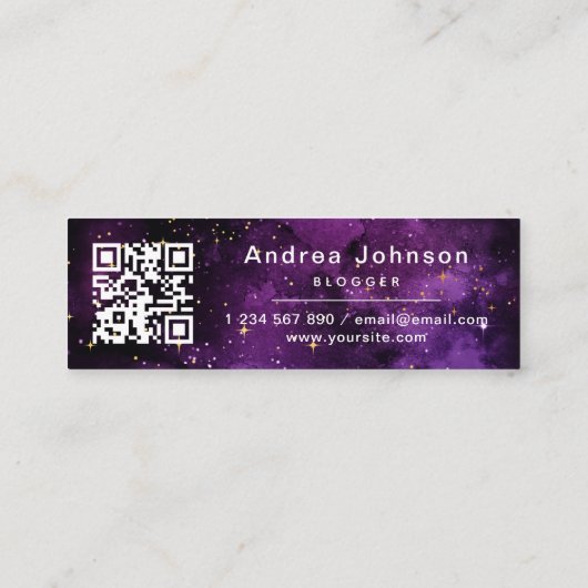 Lila Galaxie-Glitzern folgen QR-Code der Social Me Mini Visitenkarte (Rückseite)