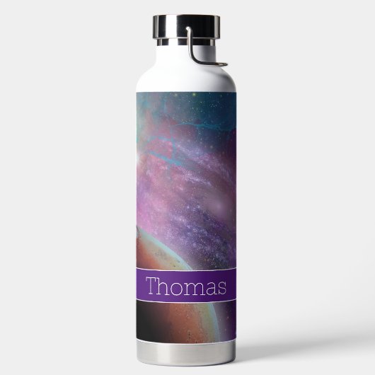 Lila Galaxie mit Planeten Trinkflasche (links)