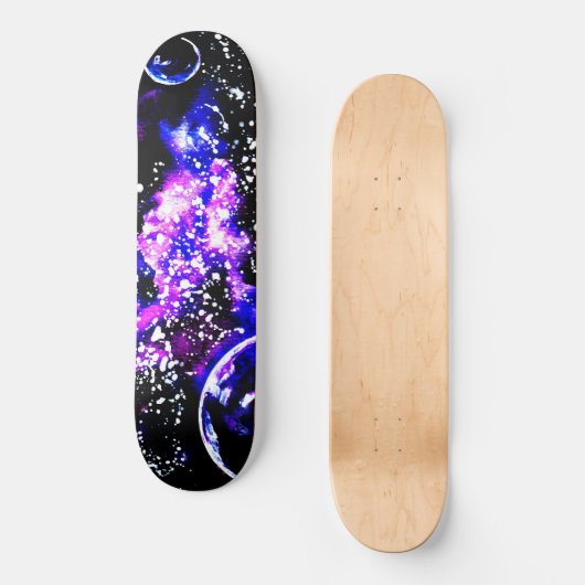 Lila Galaxie und Planeten Skateboard (Vorderseite)