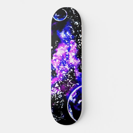 Lila Galaxie und Planeten Skateboard (Vorderseite)