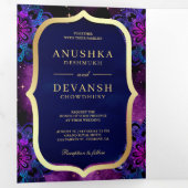 Lila Galaxy Blue Mandala QR Code Indian Wedding Dreifach Gefaltete Einladung (Innen Erste Seite)