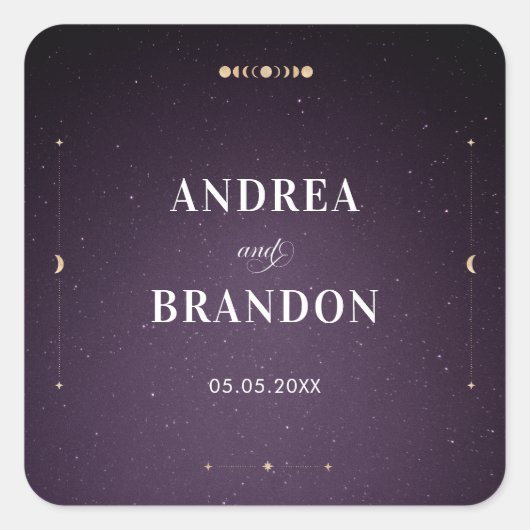 Lila Galaxy Celestial Gold Mystic Moon Wedding Quadratischer Aufkleber (Vorderseite)