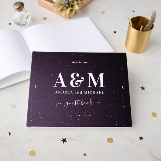 Lila Galaxy Celestial Starry Gold Moon Wedding Gästebuch (Vorderseite Offen)