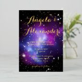 Lila Galaxy Cluster Planetarium Hochzeit Folieneinladung (Stehend vorne)