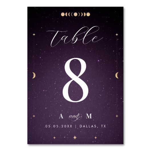 Lila Galaxy Cosmic Gold Moon Celestial Hochzeit Tischnummer (Rückseite)