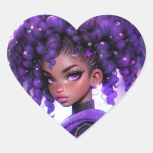 Lila Galaxy Girl mit Curly Hair Herz-Aufkleber